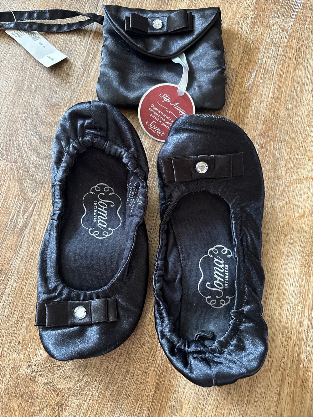 Soma Black Satin Foldable Kids Ballet Flats with Bow and Jewel